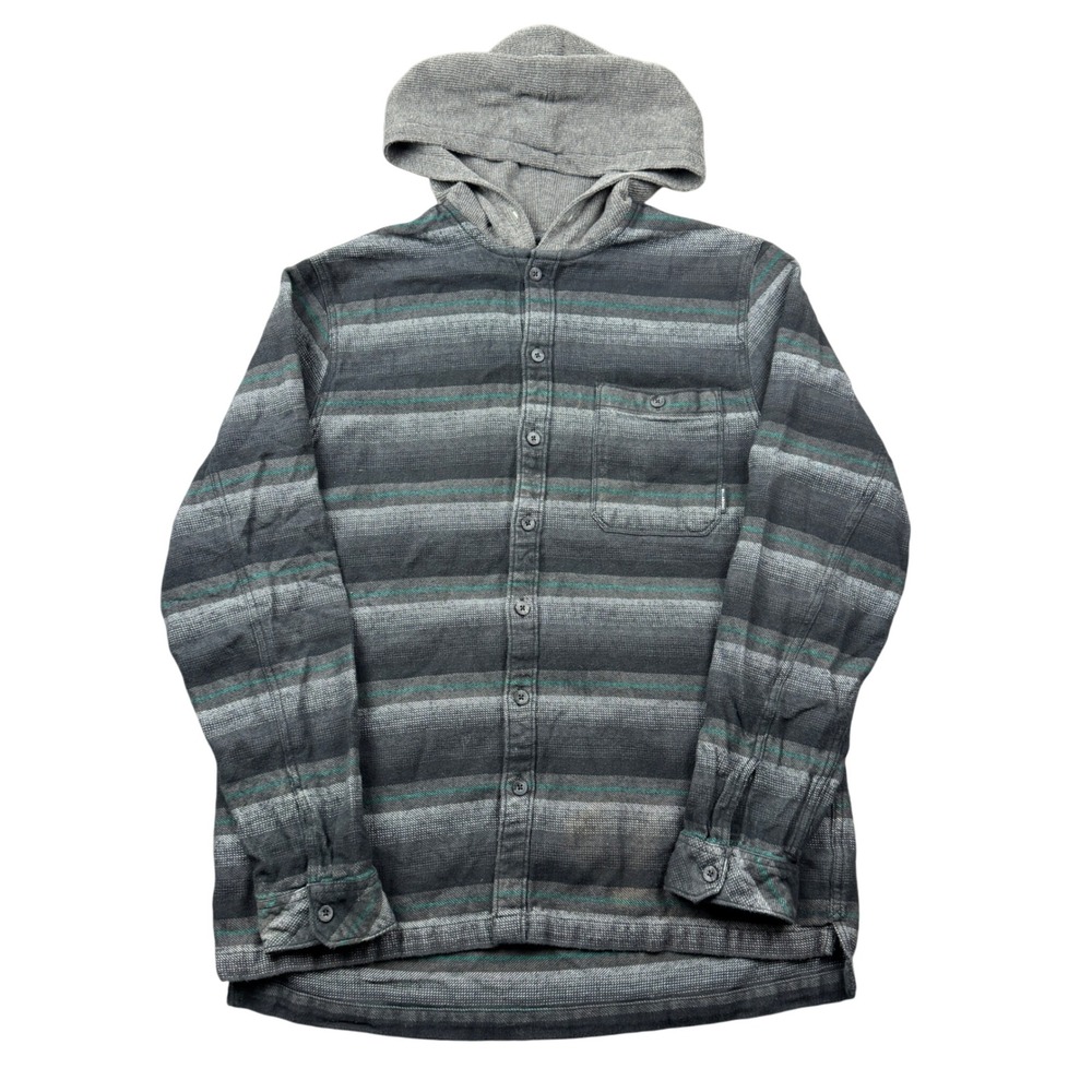 Billabong Mens XXL Grey Striped Hooded Flannel Shirt Surfer Button Up Casual